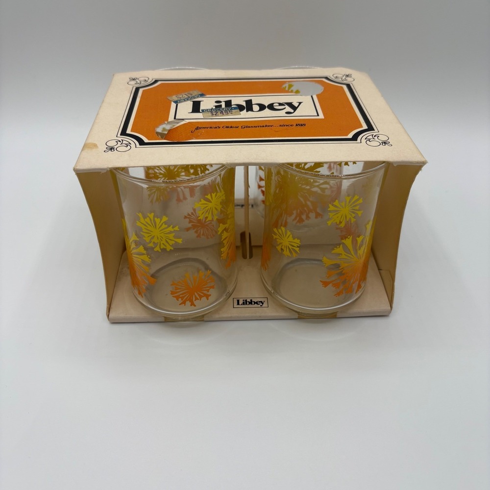 Libbey Bolero Glassware Set‎ 4 Juice Glasses 6oz Retro Dandelion Floral Orange
